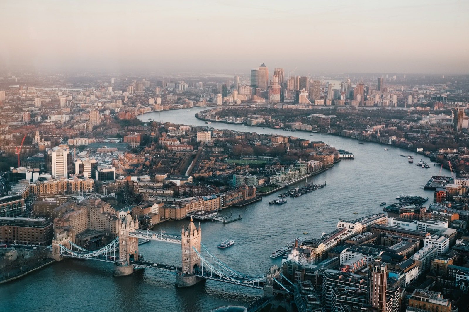 Aerial view of London and the River Thames, looking towards the Canary Wharf business district