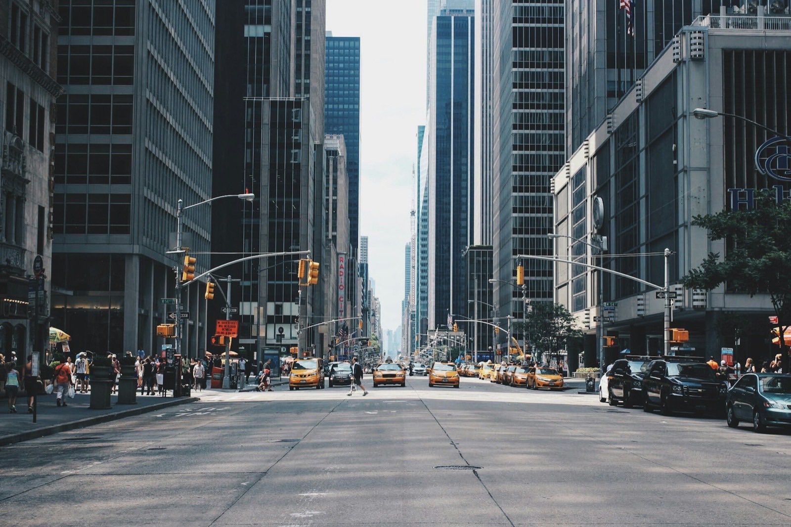 Street view between high-rise buildings in a city business district